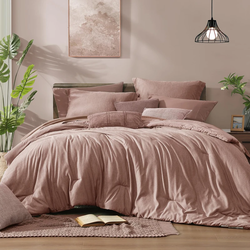 Monbix Queen Comforter Set 7 Pieces Dusty Pink Cationic Dyeing Bed in a Bag