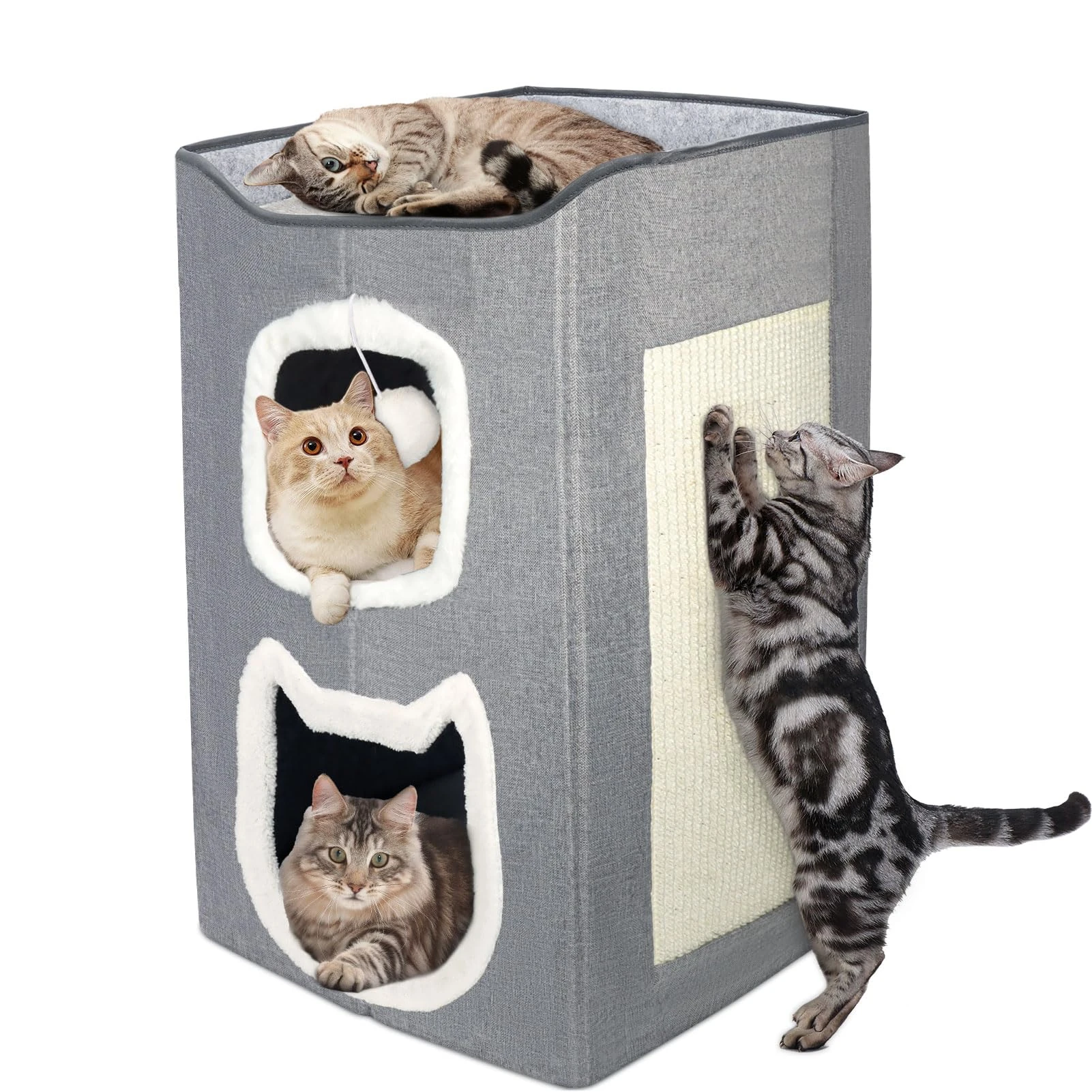 HIOVEL 2 Layer Cat House Beds for Indoor Cats with Scratch Pad and Fluffy Ball, Large Semi-Enclosed Cat Bed Igloo for Multi-Pet Kitten and Little Dogs, Grey