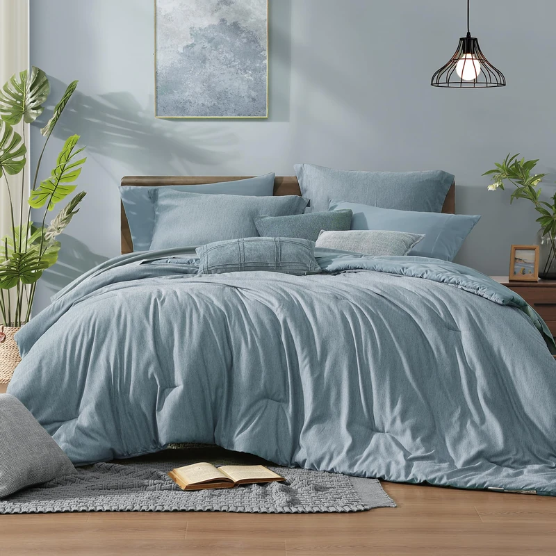 Monbix Full Comforter Set 7 Pieces Dusty Blue Cationic Dyeing Bed in a Bag