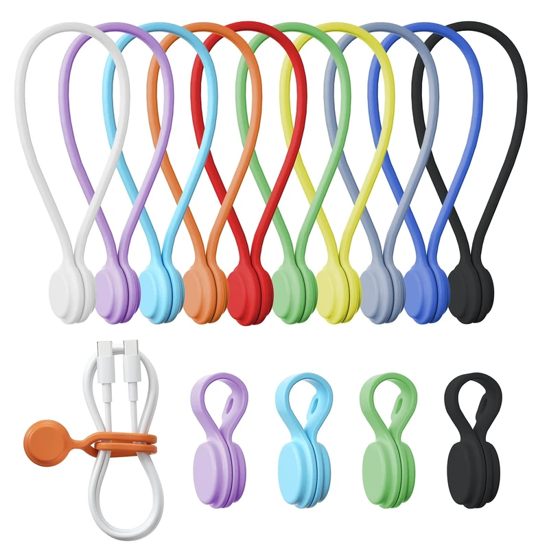 Reusable Silicone Magnetic Cable Ties - 2 Sizes Combo (4pcs 2.56'' + 10pcs 7.16'') - Multi-Purpose for Cable Bundling, Organizing, Bookmarks & Fridge Magnets - Assorted Colors, 14-Pack