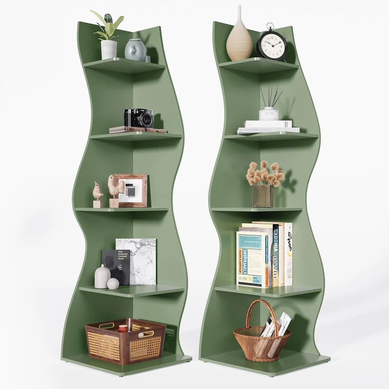 LITTLE TREE Small Corner Shelf, Modern 5-Tier Wall Corner Bookshelf, Stylish Bookcase Storage Rack for Small Space, Living Room, Bedroom, Green, 2 Pack