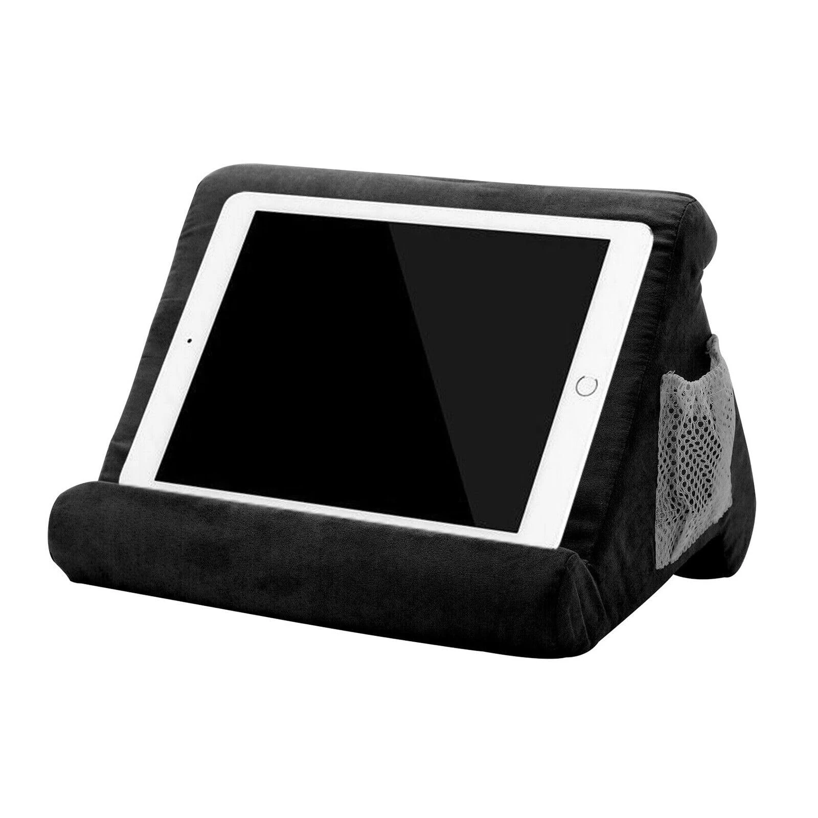 Plush Tablet Pillow Stand with Side Pocket Multi Angle Soft Lap Cushion for iPad Kindle Tablets Books Suede Feel Cover Black Comfortable Supportive for Bed Sofa Travel