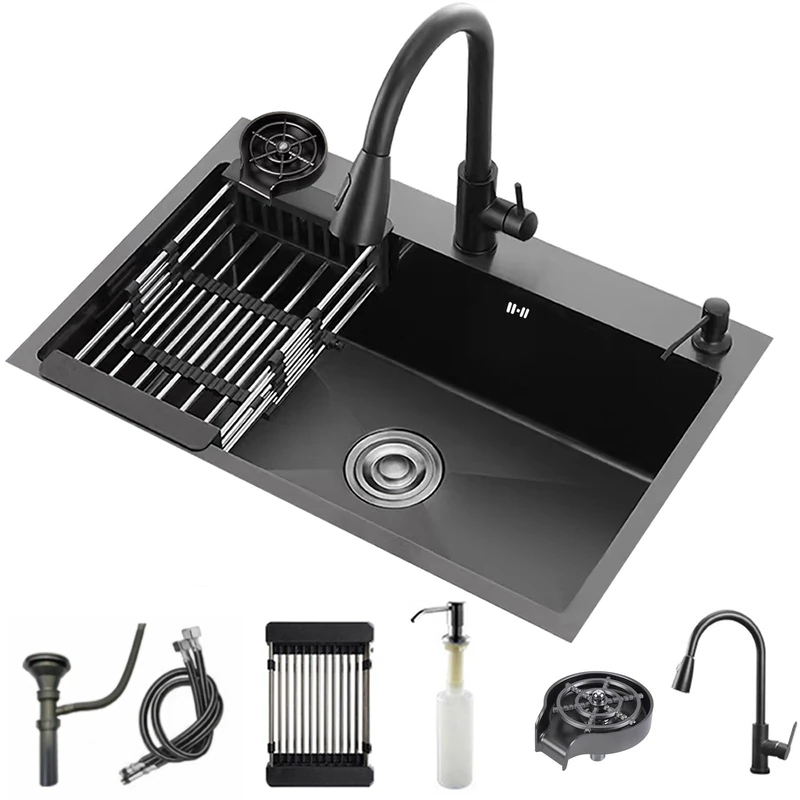 YINXSLO Black Kitchen Sink with Faucet, Top Mount/Built-in 3 Holes Stainless Steel Sink with Cup Washer, Soap Dispenser, Drainage Kit for Bar Kitchen Balcony (80x50