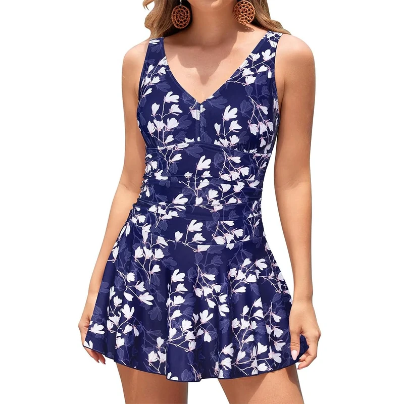 Generic Women's V Neck One Piece Skirt Swimsuit - Retro Swimdress