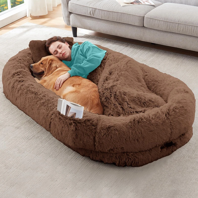 YAEM Human Dog Bed for Adult, Kids and Pets - 71"x45"x12" Dogs Beds for Humans with Washable Faux Fur Cover, Plump Pillow, Blanket, Orthopedic Design, Strap-Coffee