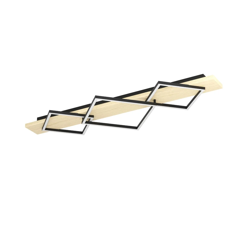 Eglo LED Ceiling Light Fixture Boyal, Flush Wooden lamp with 3 Squares, Living Room Lighting Made of Wood and Black Metal, FSC-Certified, Warm White, 78 cm