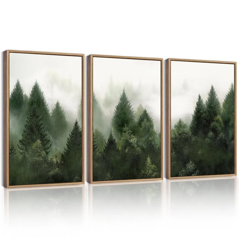 KUVIOKE Morden Green Fog Pine Tree Framed Canvas Wall Art Nature Nordic Forests Artwork Painting Bedroom Decor 16x24in (Natural Framed)