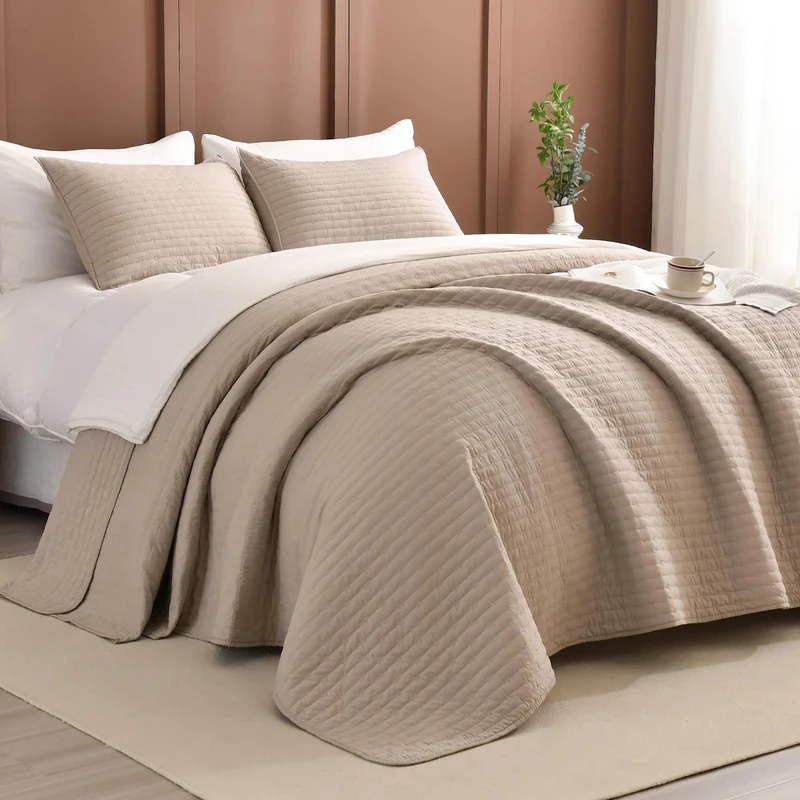 Masaca Oversized Queen Bedspread(102"x118"),3 Pieces Linen Colored Lightweight Bedspreads & Coverlets Ultra Soft Oversized Queen Quilt Bedding Set for All Season