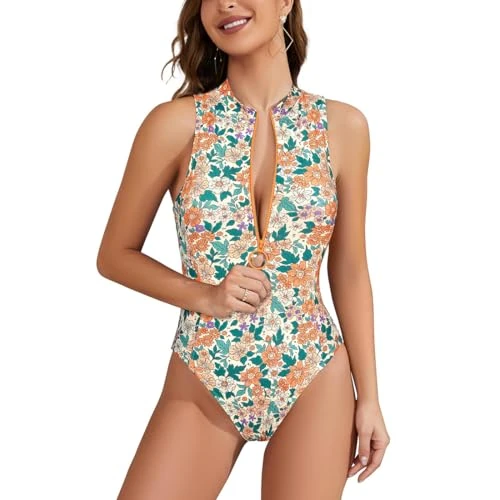 Generic Women's One Piece Rash Guard Swimsuit - Orange Floral - Large