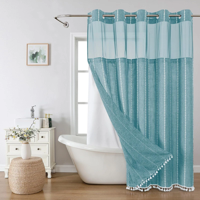 eachope No Hook Long Shower Curtain Set with Snap-in Fabric Liner,Linen Textured Thick Striped Fabric with Tassels,Boho Farmhouse Rustic Luxury Bathroom Curtain,Water-Repellent,Teal,71x80