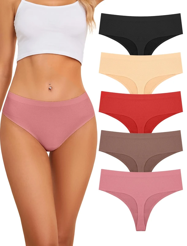 VOENXE Seamless Women Underwear Thongs,High Waisted Cut No Show Ladies Knickers,No Vpl Breathable Panties,Multipack High Rise Seamfree Comfortable Tanga,Soft Invisible Female G-string Undies,5-Pack