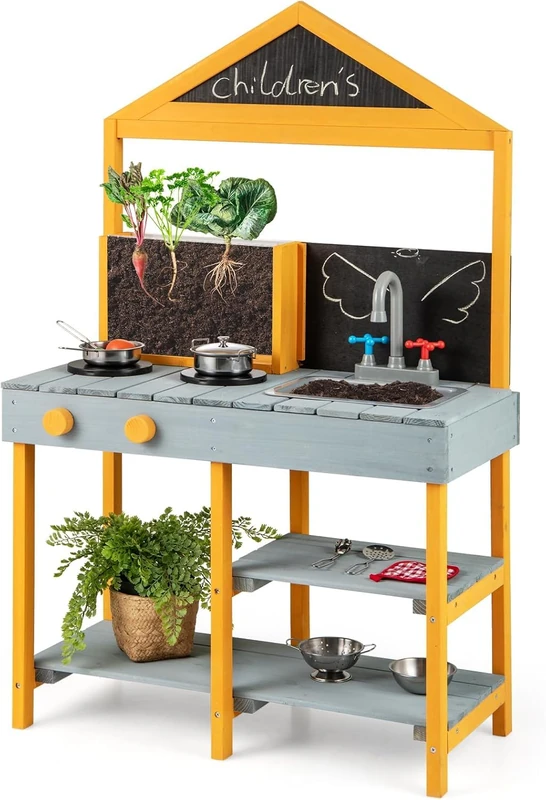FANTASK Mud Kitchen Children's Outdoor Children's Kitchen Fir Wood with Plant Container & 2 Chalkboards & Tap & Sink (Blue)
