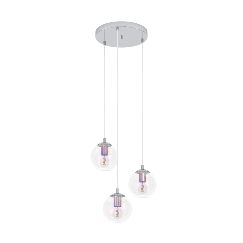 Eglo Cluster Pendant Lighting Ariscani 2, 3-Light Hanging lamp for Dining Table, Iridescent Ceiling Light Fitting Living Room, Chrome Coloured Metal and Shimmering Glass, E27 Socket, Ø 42.5 cm