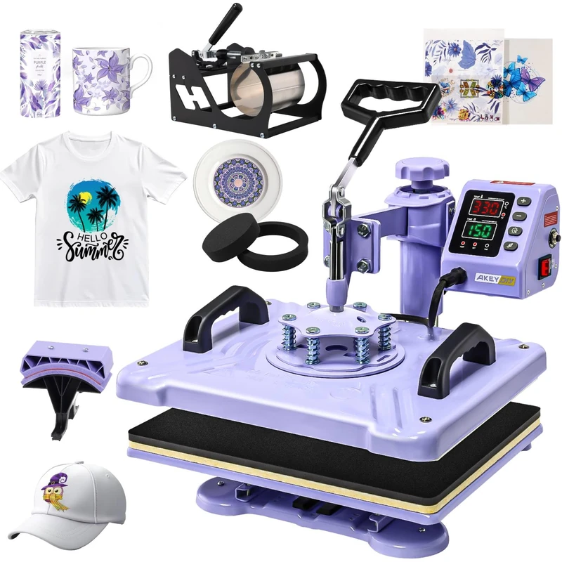 Transfer Press 38 x 30 cm, 5-in-1 Professional Multifunctional Heat Press with Attachment for Cups, 360° Swivelling, Sublimation Machine DIY for T-Shirts, Hats, Mugs, Cups and Plates