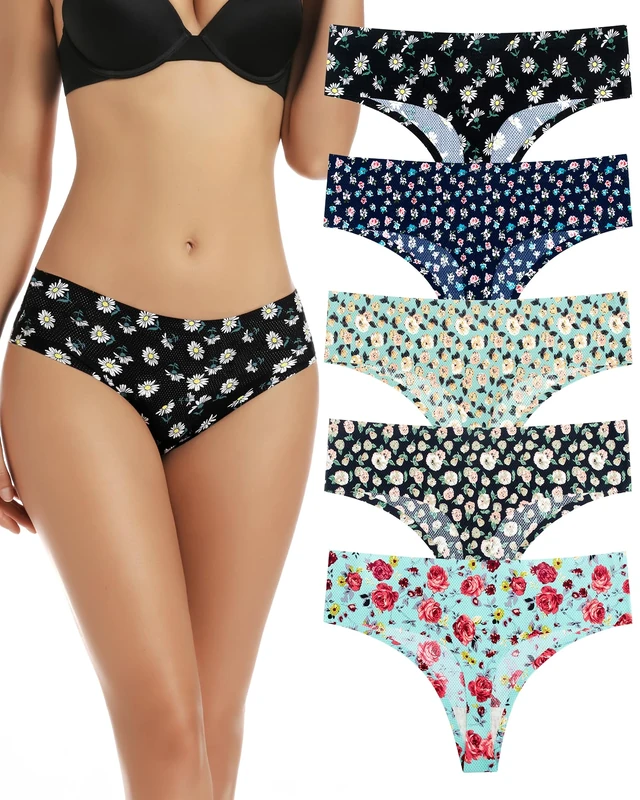 VOENXE Seamless Women Underwear Thongs,High Waisted Cut No Show Ladies Knickers,No Vpl Breathable Panties,Multipack High Rise Seamfree Comfortable Tanga,Soft Invisible Female G-string Undies,5-Pack