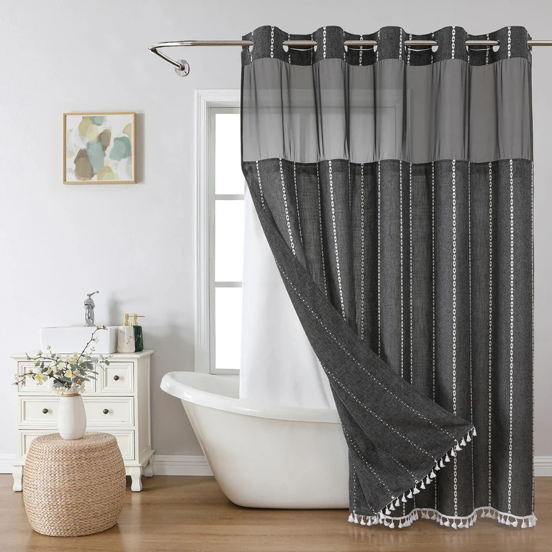 eachope Boho Farmhouse No Hook Shower Curtain Set with Snap-in Fabric Liner,Heavy-Duty Linen Textured Rustic Striped Design,Water-Repellent with Tassels and Sheer Window,Charcoal Grey,71x74
