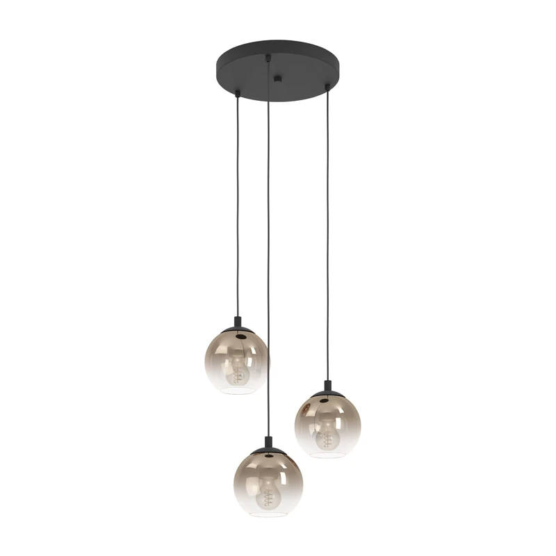 Eglo Cluster Pendant Lighting Ariscani, 3-Light Hanging lamp for Dining Table, Ceiling Light Fitting Living Room, Black Metal and Copper Coloured Glass, E27 Socket, Ø 42.5 cm
