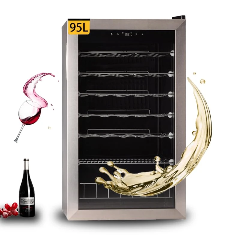 Techomey Wine Fridge 95L, 33 Bottles, Wine Cooler Fridge with UV-resistant Glass Door for Bar, Home, Restaurant, Digital Temperature Control, LED Light, Stainless Steel