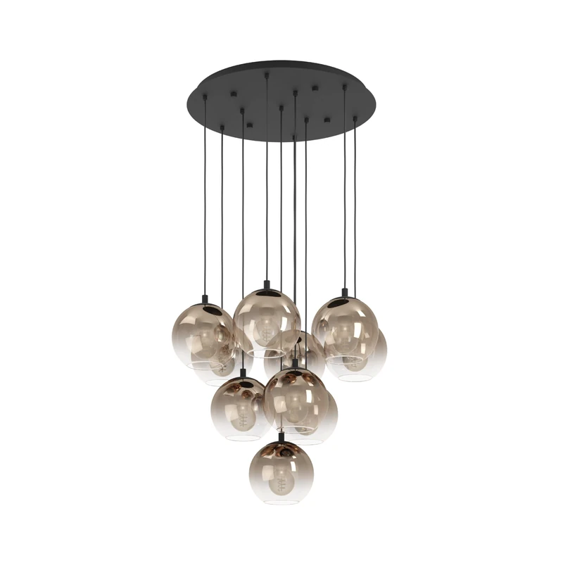 Eglo Cluster Pendant Lamp Ariscani 1, 10-Light Hanging Light, Staircase Gallery Pendant, Metal Chandelier in Black and Copper Glass, E27 Socket, Ø 64.5 cm