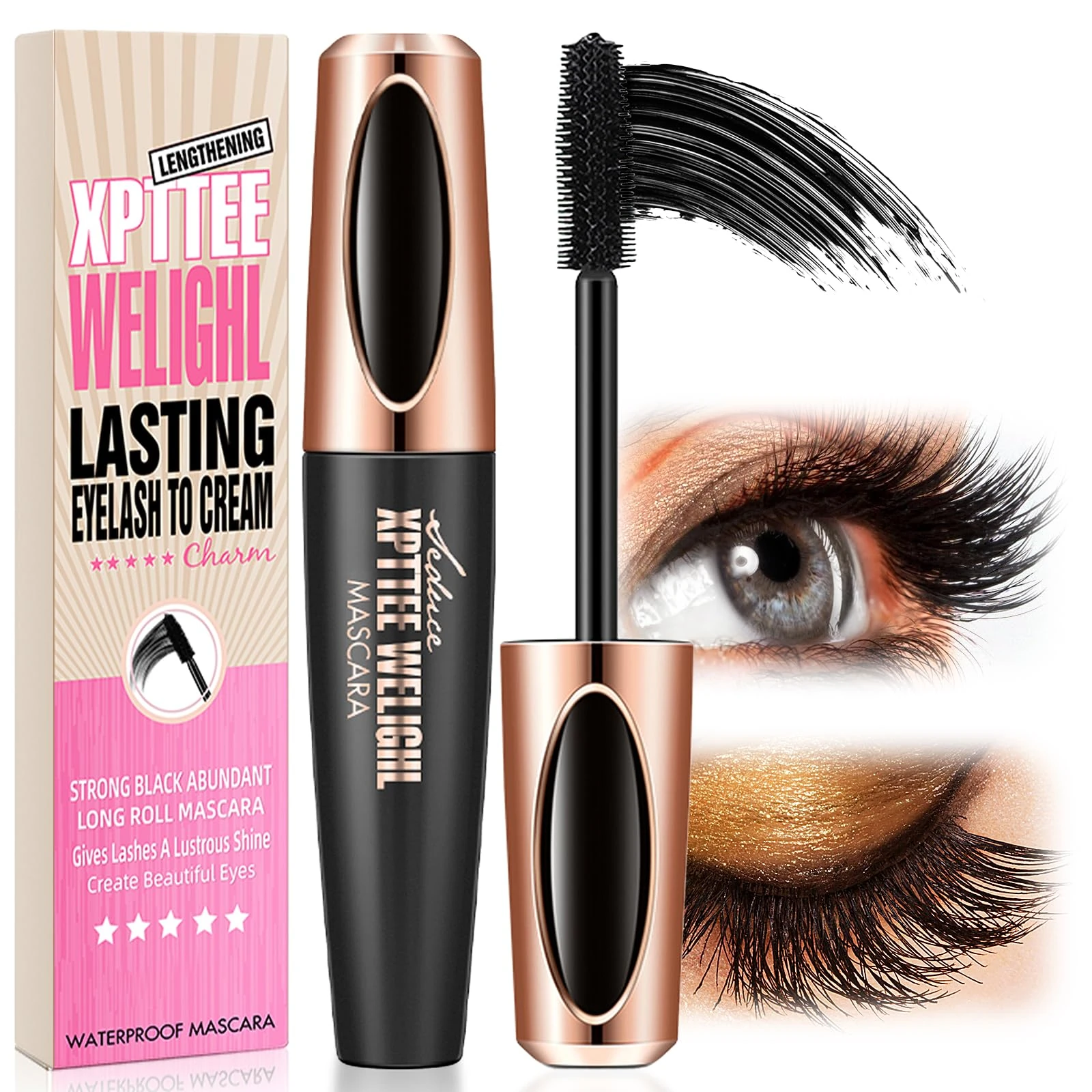 Mascara Black Waterproof, Lengthening Volumizing 4D Silk Fiber Falsies Mascaras, Natural Full and Soft No Smudge Long Lasting Mascaras for Women Makeup