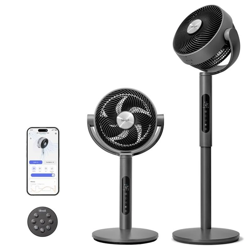 LEVOIT Smart Silent Pedestal Fan, DC Motor, Low Energy Circulator Fan with Wi-Fi, 4 Modes and 12 Speeds at 1614m³/h, 30M Wind, 12H, Timer, 90°+120°