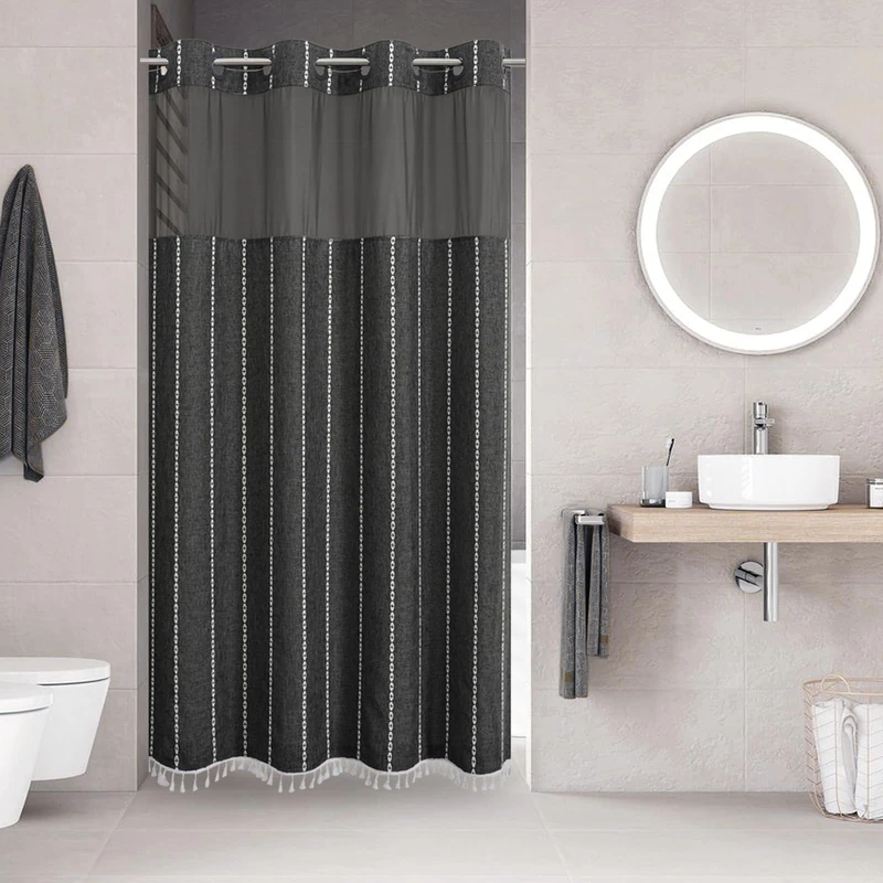 eachope No Hook Stall Shower Curtain with Snap-in Fabric Liner - 54x80 Heavy-Duty Linen Textured Striped Design,Narrow Rustic Modern Farmhouse Bohemian Bathroom Curtain,Water-Repellent,Charcoal Grey
