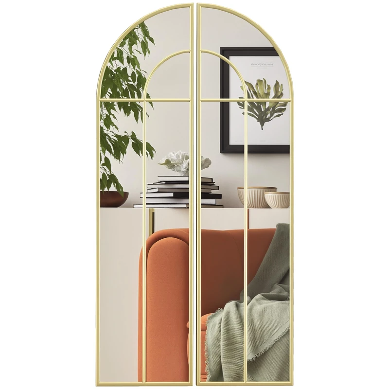 HOMCOM 60 x 120cm Arc Wall Mirror Large Decorative Glass Window Mirror with Metal Frame for Bedroom, Living Room, Hallway, Gold Tone - Image 1