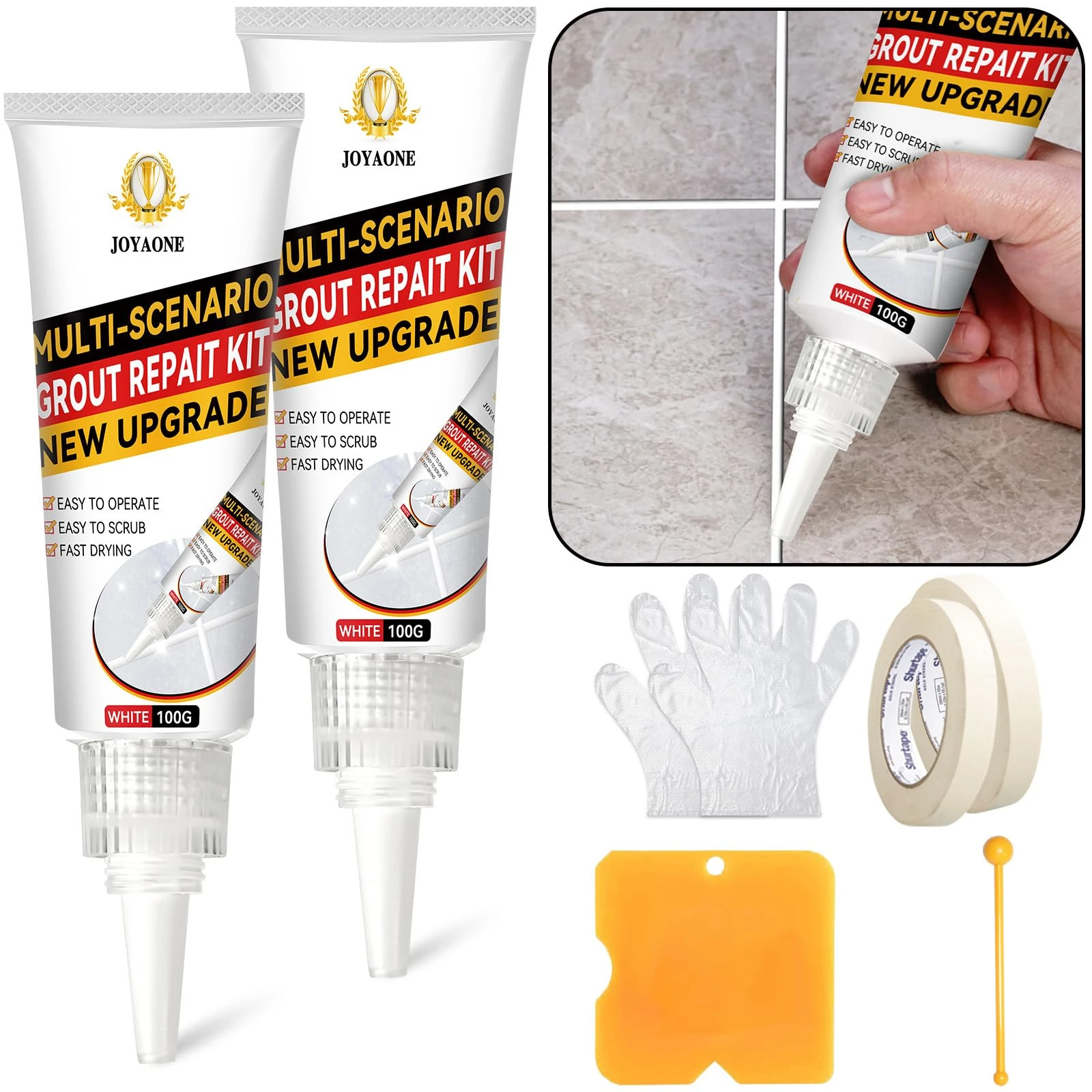 Tile Grout Repair Kit, 2 Pack Tile Line Filler with Tool, Fast Drying and WaterProof, Grout for Bathroom and Kitchen Tile Joints Line, Grout Reviver Kit, Filler for Tiles (White, 200g)