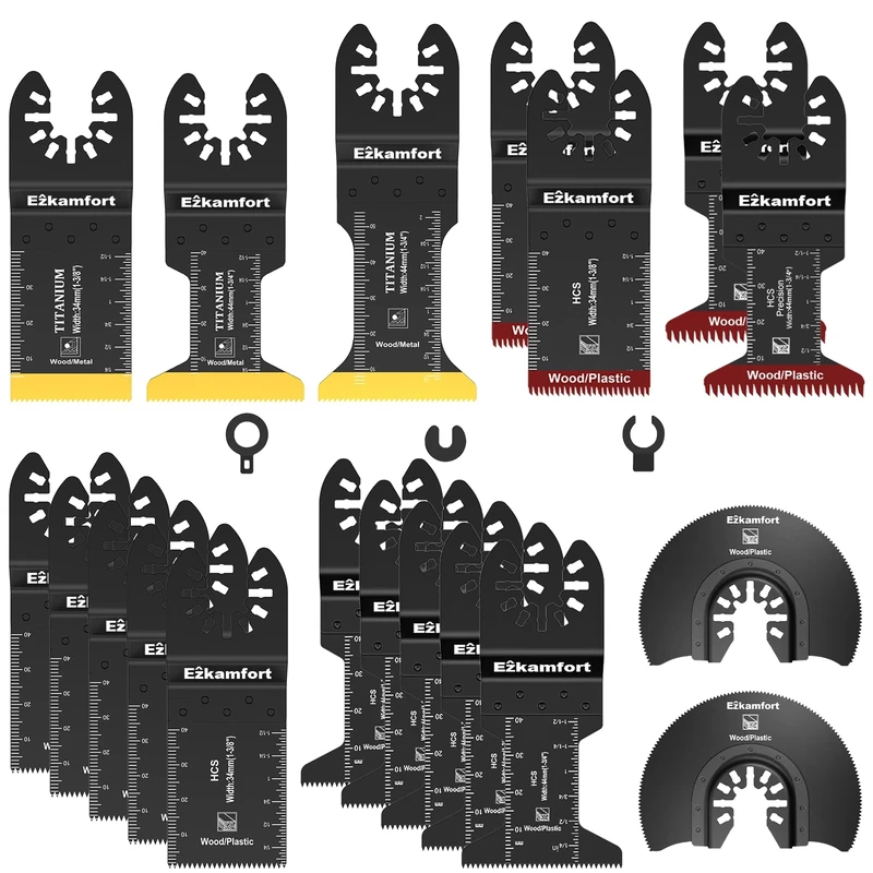 Ezkamfort 22Pcs Multi Tool Blade, Titanium Multitool Blade Kits for Wood Nails, Drywall, Japanese Tooth with Storage Bag, Universal Oscillating Saw Blades Compatible with Ryobi Makita Milwaukee