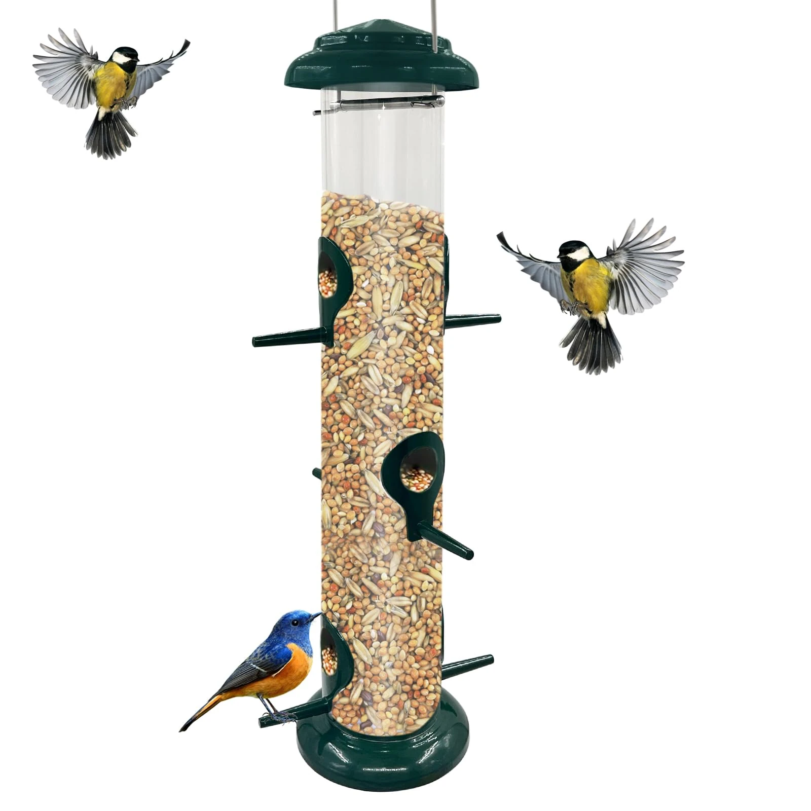 1Pack Metal Bird Feeders Hanging Tube for Garden – Wild Bird Seed Feeder with 6 Feeding Ports, Steel Hanger, Weatherproof Hanging Bird Feeder for Small Birds, Niger Seeds & More