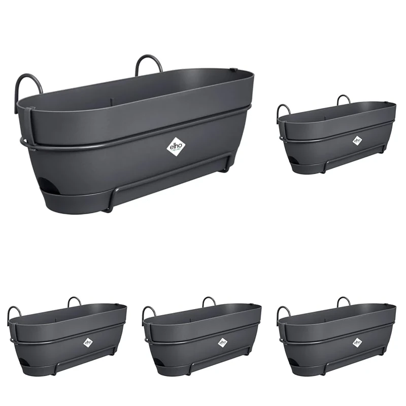 elho Vibia Campana Trough Allin1 50 - Planter for Balcony - Ø 50.4 x H 17.7 cm - Black/Anthracite (Pack of 5)