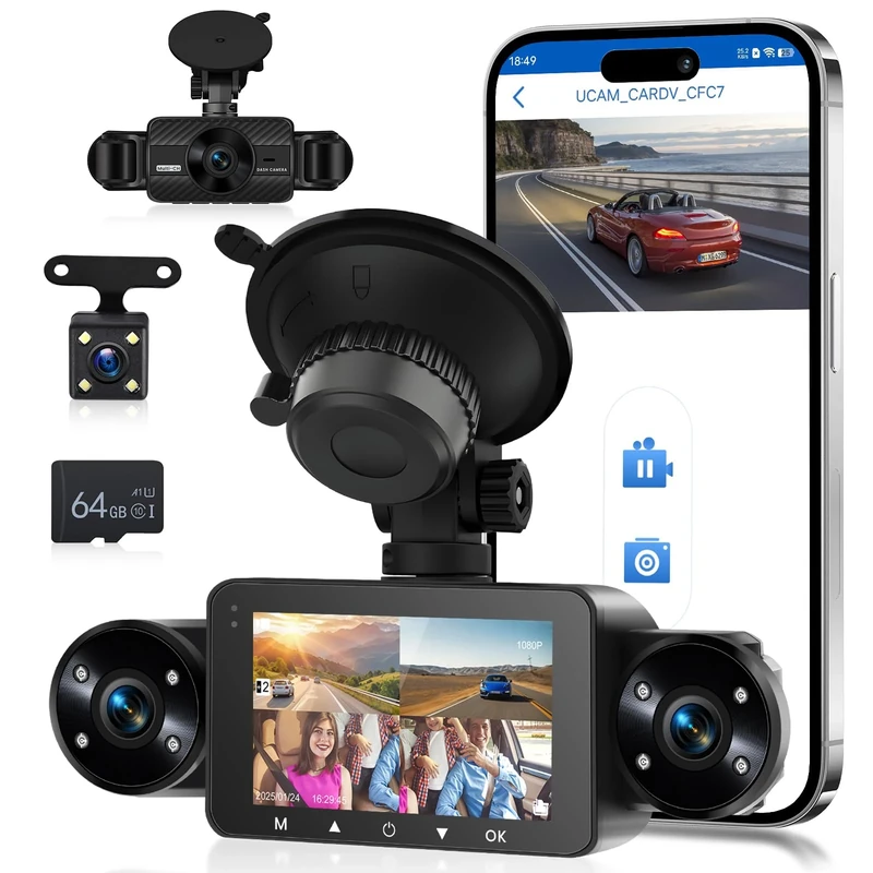 Hodozzy 1080p 4 Channel Car Dashcam, 360° Dash Camera Front and Rear Left Right for Car with Loop Recording, Night Vision, G-sensor, 24H Parking Mode, Exposure Compensation + 64G TF Card and Camera