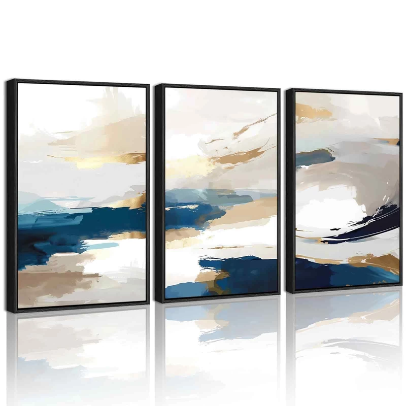 KUVIOKE Navy Blue Abstract Framed Canvas Wall Art Graffiti Shape Pastel Wall Decor Modern Minimalist Art Painting for Bedroom Living Room 16x24in (Black Framed)