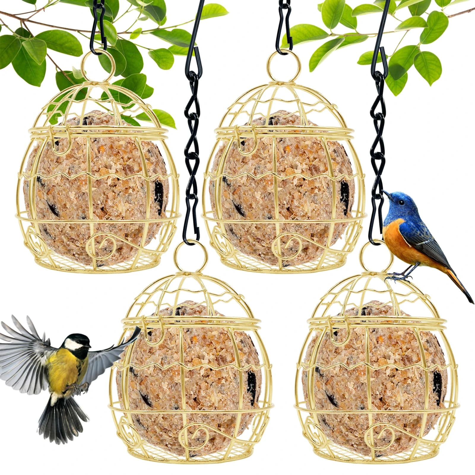 Fat Ball Feeders Hanging, 4 PACK Metal Fat Ball Bird Holder, Hanging Bird Feeder for Outdoor Garden Wildlife Birds Finch Sparrow Robin