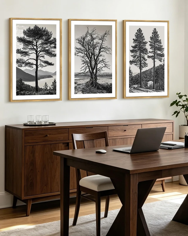 KUVIOKE Vintage Tree Framed Wall Art Black and White Retro Antique Forest Drawings Nature Wilderness Sketch Wall Painting Modern Decor 24x36in (Natural Framed)