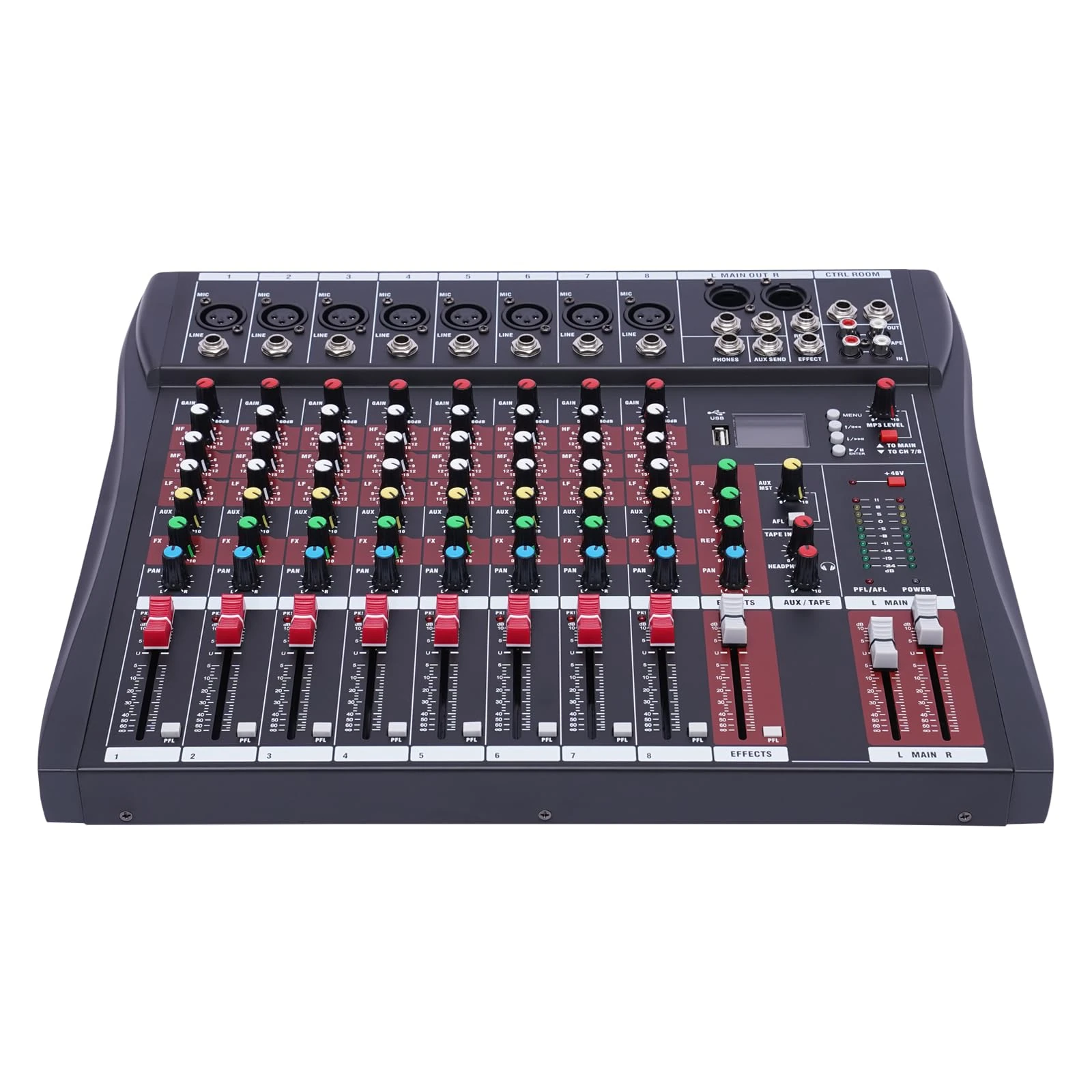 Fichiouy Professional 8 Channel Audio Mixer Sound Board Console with Bluetooth USB MP3 Input 48V Phantom Power Stereo DJ Studio Interface for Home KTV Recording Live Performances and Stage Events