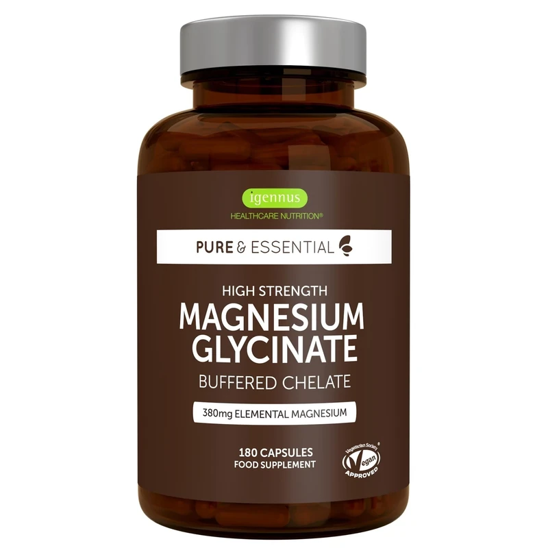 Igennus Chelated Magnesium Glycinate 380mg Elemental Magnesium 100% NRV Per 2 Capsules, 180 Capsules, Pure & Clean, Vegan, 90 Servings