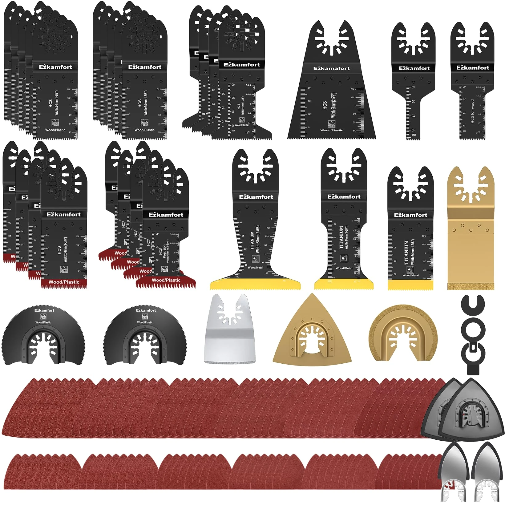 Ezkamfort 138Pcs Multi Tool Blade, Titanium Multitool Blade Kits for Wood Nails, Drywall, Japanese Tooth with Storage Bag, Universal Oscillating Saw Blades Compatible with Ryobi Makita Milwaukee