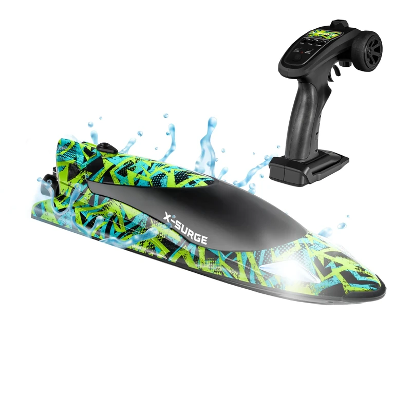 Overmax RC Boat 35 km/h X-SURGE Fast Remote Control Racing Speedboat with 2 Batteries, 30 Min Play, 100m Range, Jet Drive, Remote control boat with LED Lights, Auto-Flip, Waterproof, For Pool Lake Sea