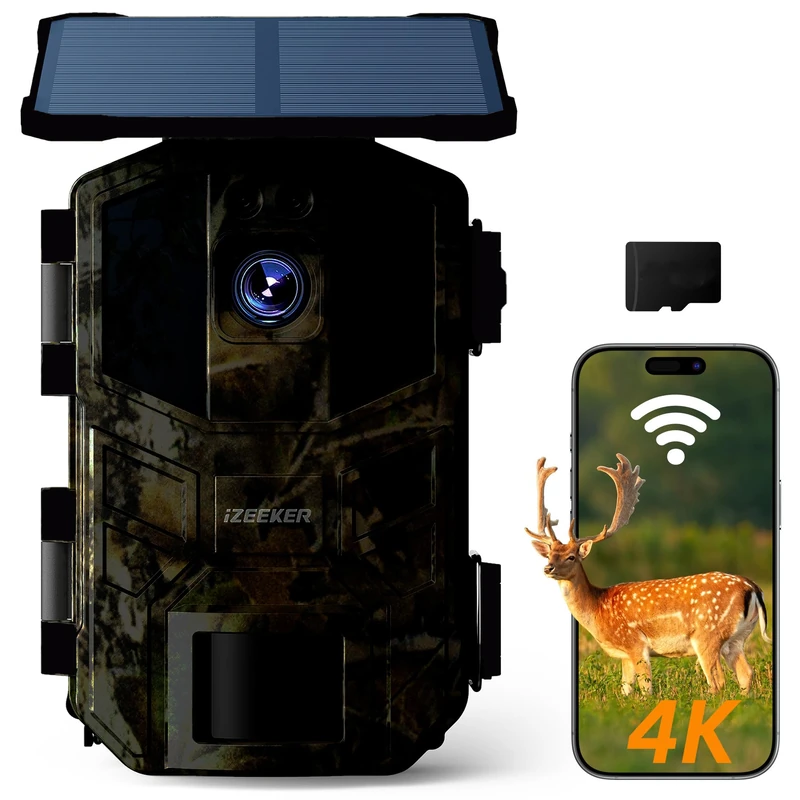 iZEEKER Solar WiFi Wildlife Camera, 4K 64MP Bluetooth Trail Camera with Night Vision Motion Activated 0.1s Trigger Time, 5200mAh Built-in Lithium Battery for Wildlife Watching with 32GB Micro SD Card
