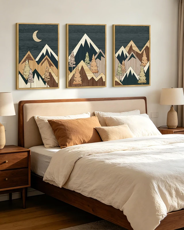 KUVIOKE Morden Mountains Framed Wall Art Boho Pine Tree Forest Nature Landscape Artwork Bohemain Farmhouse Rustic Home Decor 16x24in (Natural Framed)