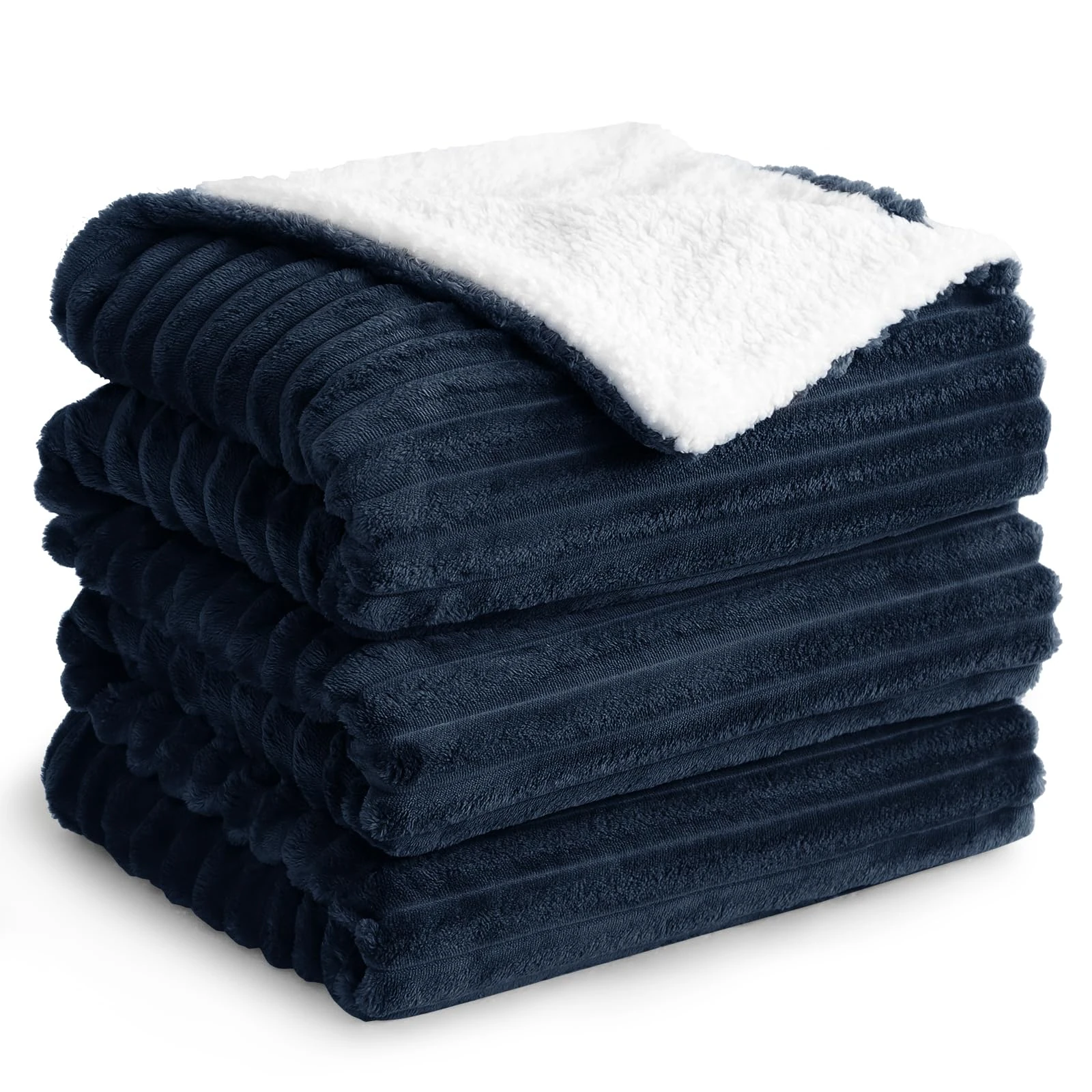 Aisbo Sherpa Fluffy Blanket Throws Navy Blue - Thick Warm Blanket 200 x 240 cm Soft Extra Large Throw for Sofa Couch Bed, Decorative Jacquard King Size Sherpa Fleece Blanket