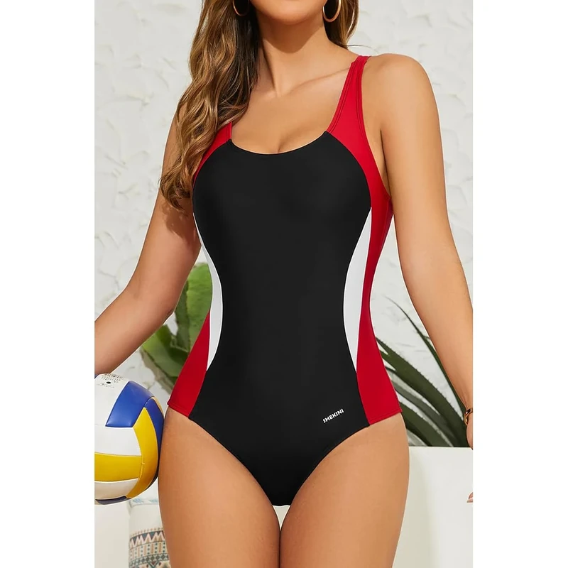 Women's Pro One Piece Athletic Swimsuit Color Block Sport Bathing Suit