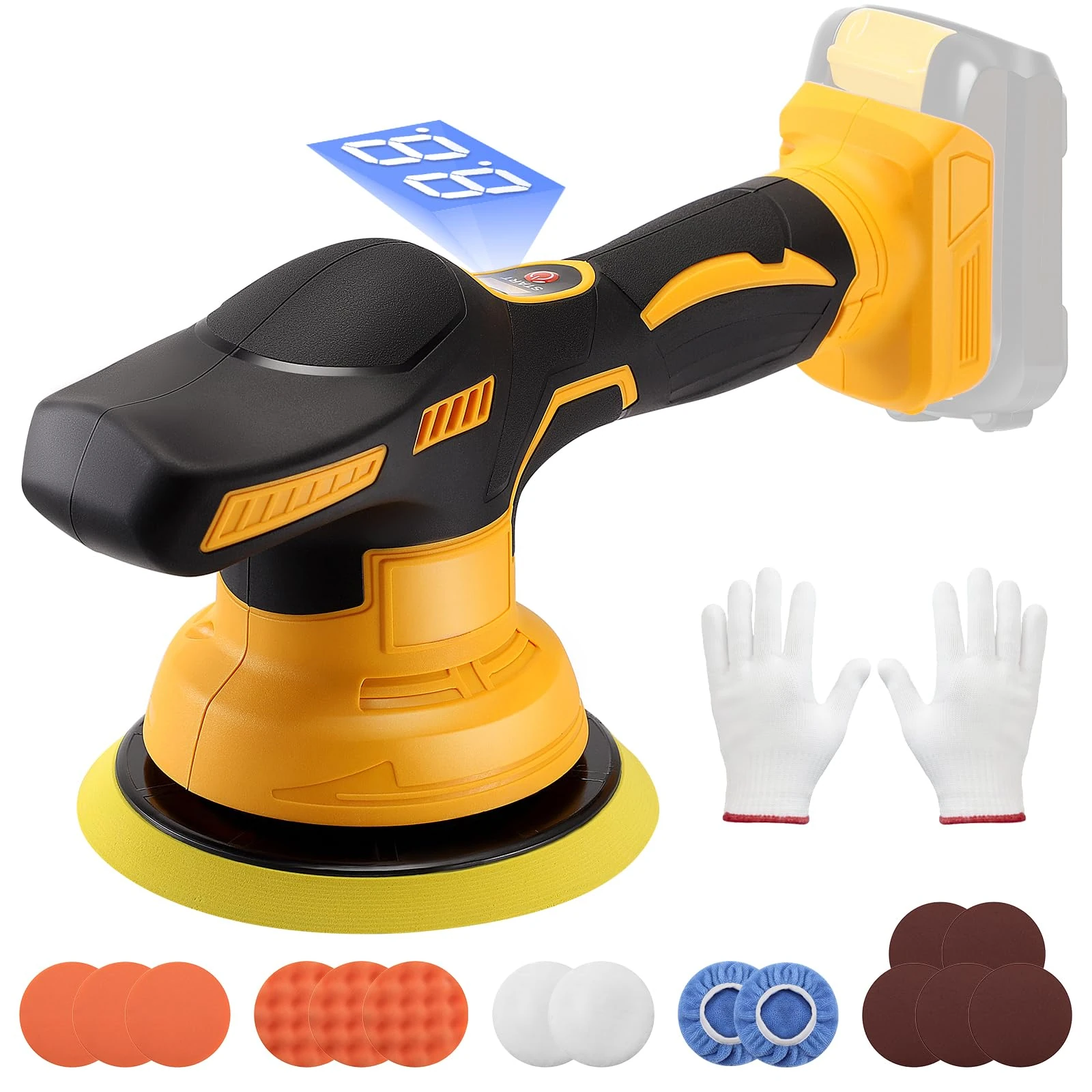 HuuppHip Cordless Car Buffer Polisher for 18/21V Battery, 4500 RPM, 17-Piece Car Polishing Kit Included,Car Detailing/Polishing/Waxing Buffers and Polishers Kit (No Battery)
