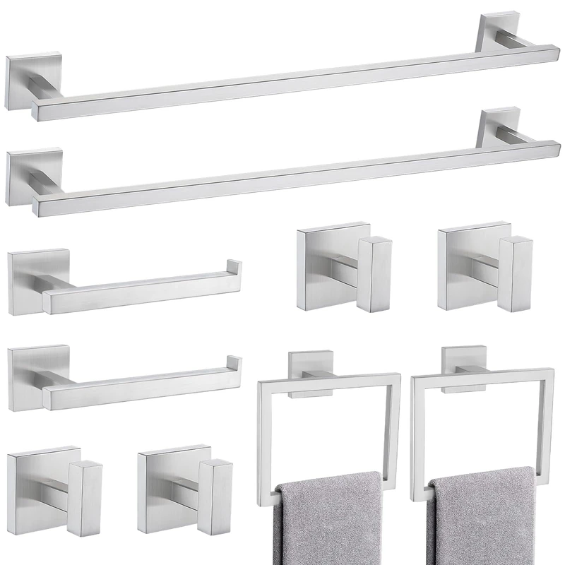 TQKAG Brushed Nickel Bathroom Hardware Accessories Set 10 Pieces, 23.6" SUS304 Stainless Steel Towel Bar Set Wall Mounted Includes Single Towel Bar, Towel Ring, Toilet Paper Holder, Double Towel Hooks