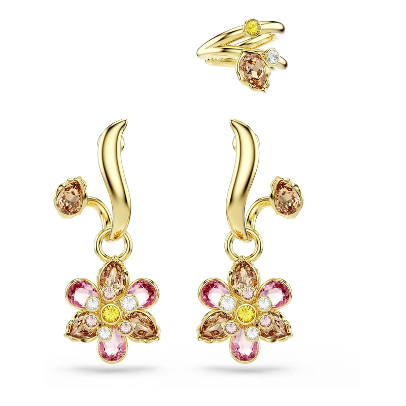 Swarovski Idyllia Earring Set with 2 Drop Earrings and 1 Ear Cuff, Flower Motif with Multicoloured Mixed-Cut Crystals in a Gold-Tone Finished Setting, Part of the Swarovski Idyllia Collection