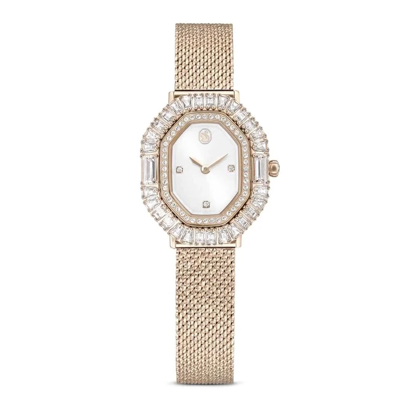 Swarovski Matrix Octagon Watch, Water-Resistant Stainless Steel Wristwatch in a Champagne Gold-Tone Finish with Clear Crystals and Mesh Bracelet Strap, Part of The Matrix Collection