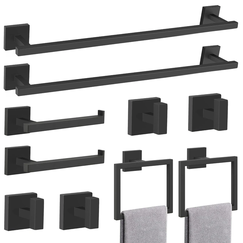 TQKAG Matte Black Bathroom Hardware Accessories Set 10 Pieces, 23.6" SUS304 Stainless Steel Towel Bar Set Wall Mounted Includes Single Towel Bar, Towel Ring, Toilet Paper Holder, Double Towel Hooks
