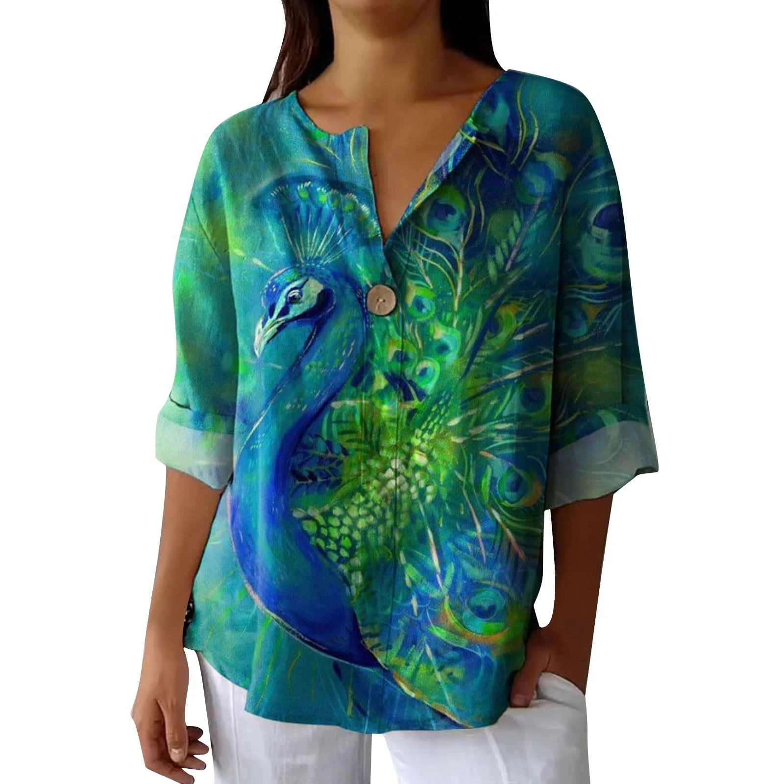 Hrjxfpt Women's Linen Tops UK Red Pleated Office Tunic Tops Sales Ladies' Fashion Printed Single Button Long Sleeve Top (01-D-Blue, XXXL)