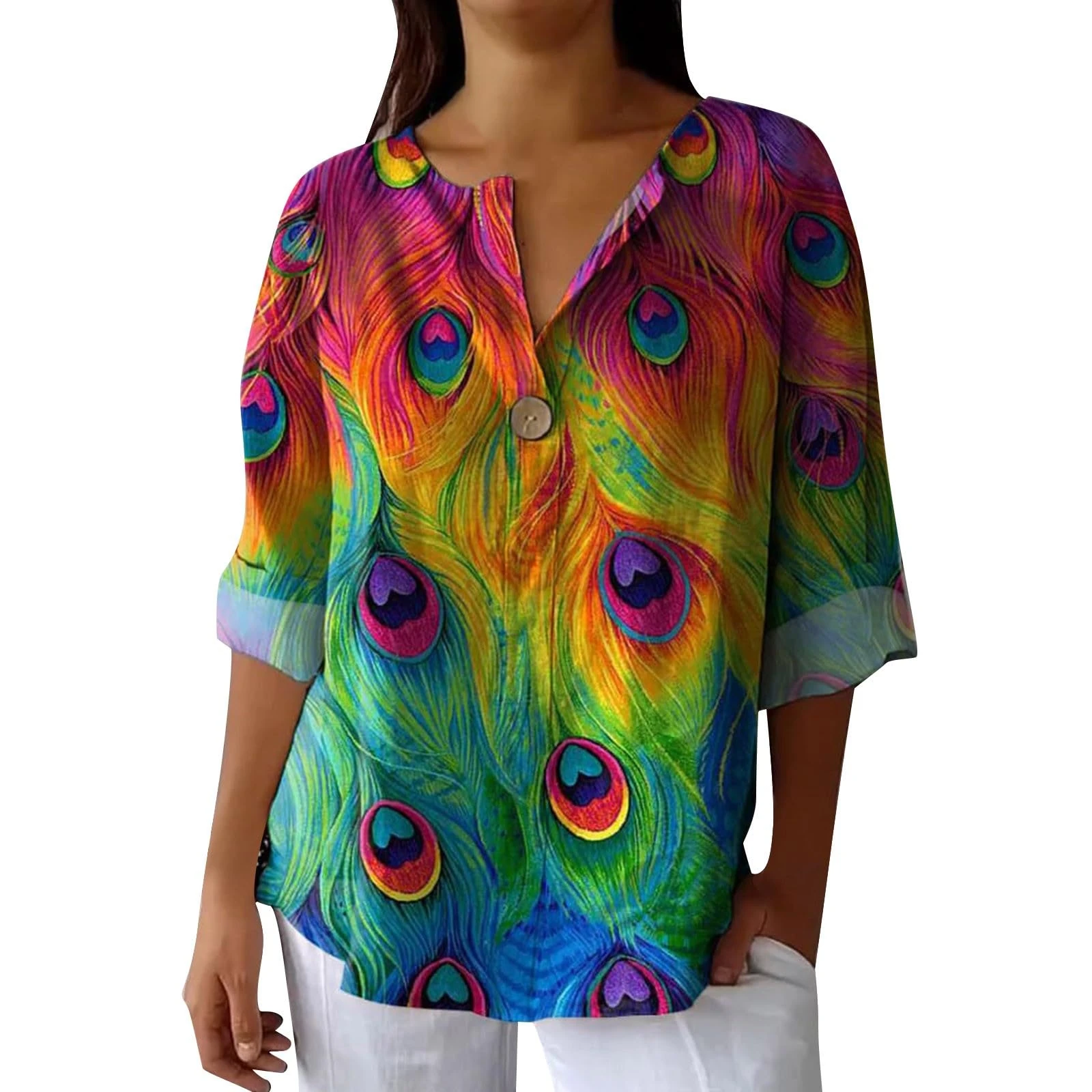 Hrjxfpt Womens Linen Tops UK Clearance Short Elegant Spring T Shirt Clearance Ladies' Fashion Printed Single Button Long Sleeve Top (01-D-Red, XXXL)